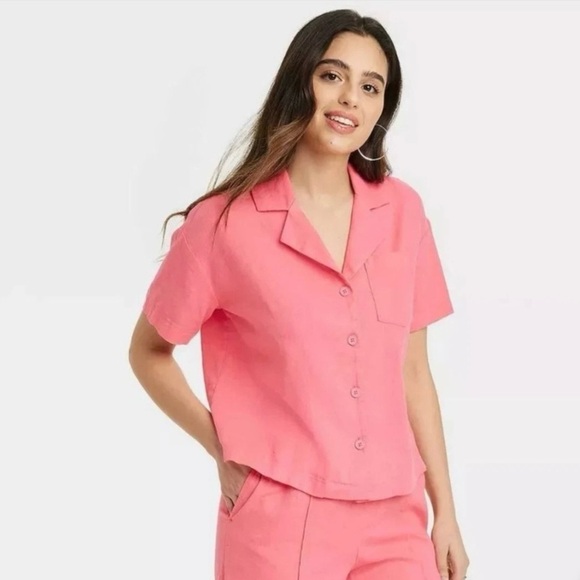 Women's Linen Short Sleeve Button Down Camp Shirt- A New Day, Pink - Picture 16 of 16